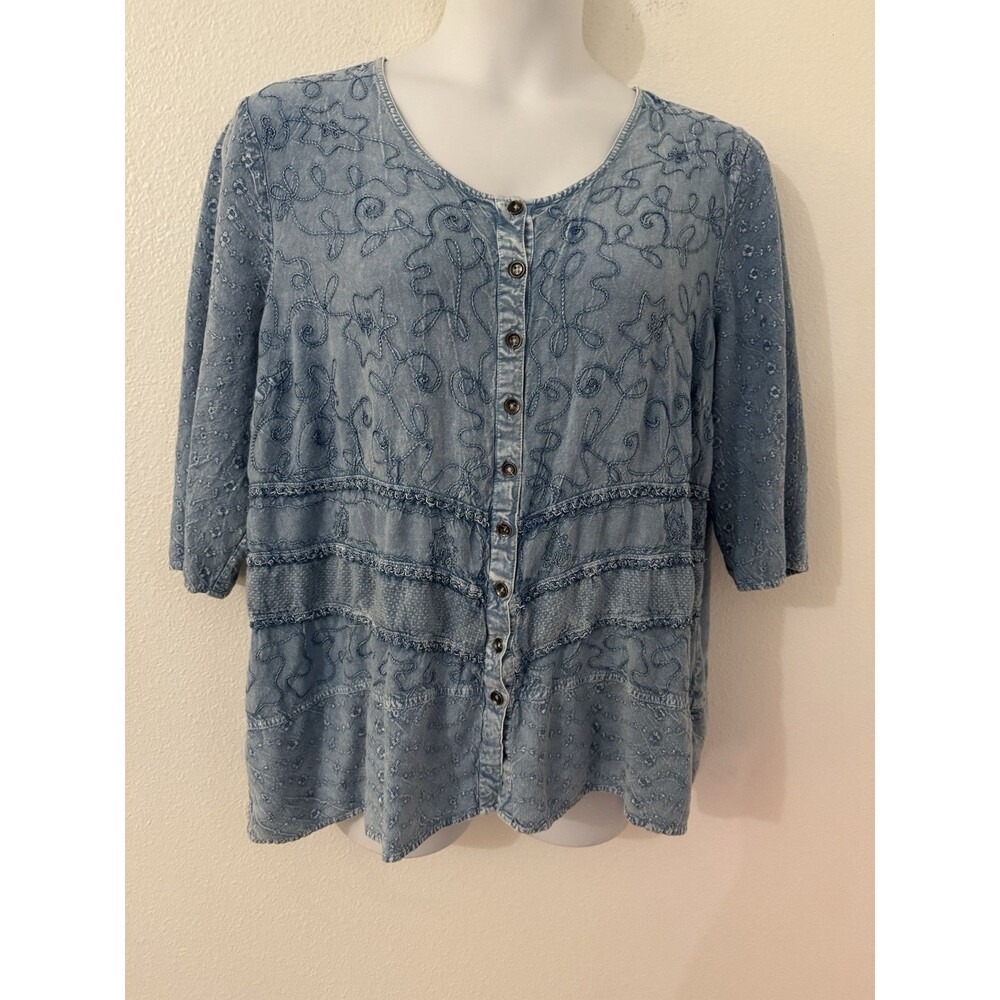 Catherines Blouse Women 2X Blue Embroidered Short Sleeve V-Neck Boho Rayon